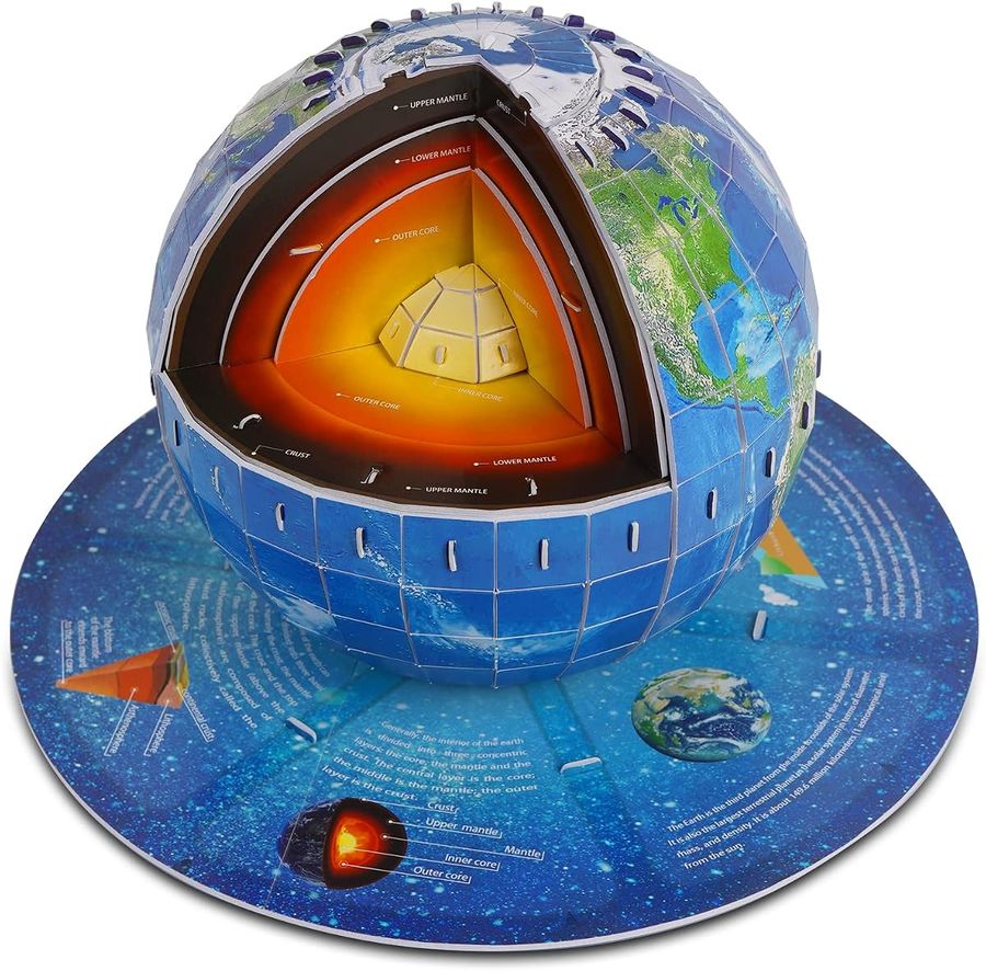 The finished 3D Earth globe puzzle: a printed world map on the sphere, with the interior cutaway alongside