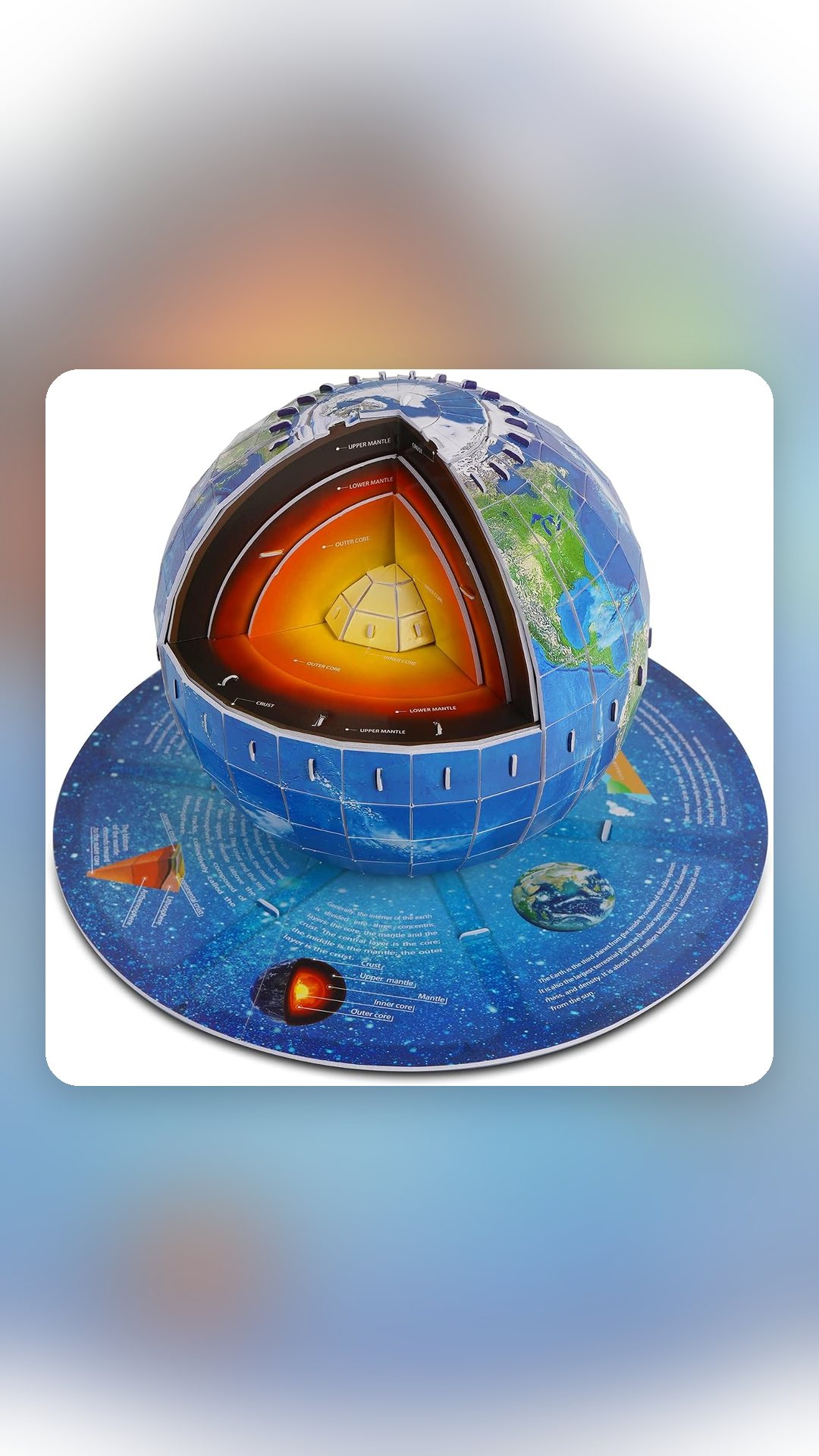A 3D Earth globe puzzle assembled into a 15 cm globe, with the cutaway of the Earth's interior layers beside it